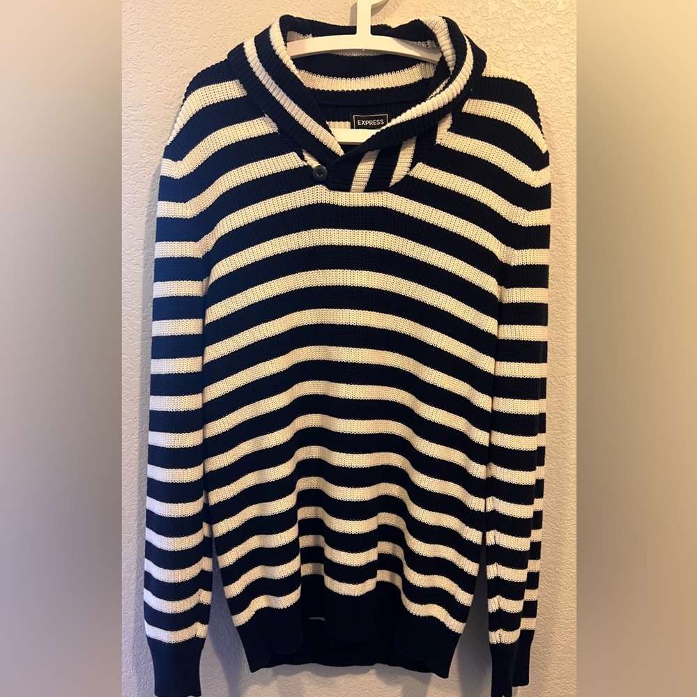 EXPRESS -Striped Navy Blue & White Cowl Neck Knitted Sweater100% Cotton Sz L